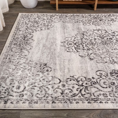 Dark Gray and Cream Medallion 8' x 10' Reversible Synthetic Rug