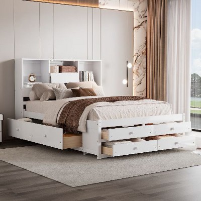 CAVINAS Queen Size Bed Frame, Platform Bed with Storage Headboard and 8 Drawers, Storage Beds with Headboards
