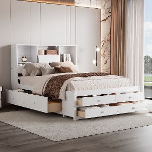CAVINAS Queen Size Bed Frame, Platform Bed with Storage Headboard and 8 Drawers, Storage Beds with Headboards - 1 of 4