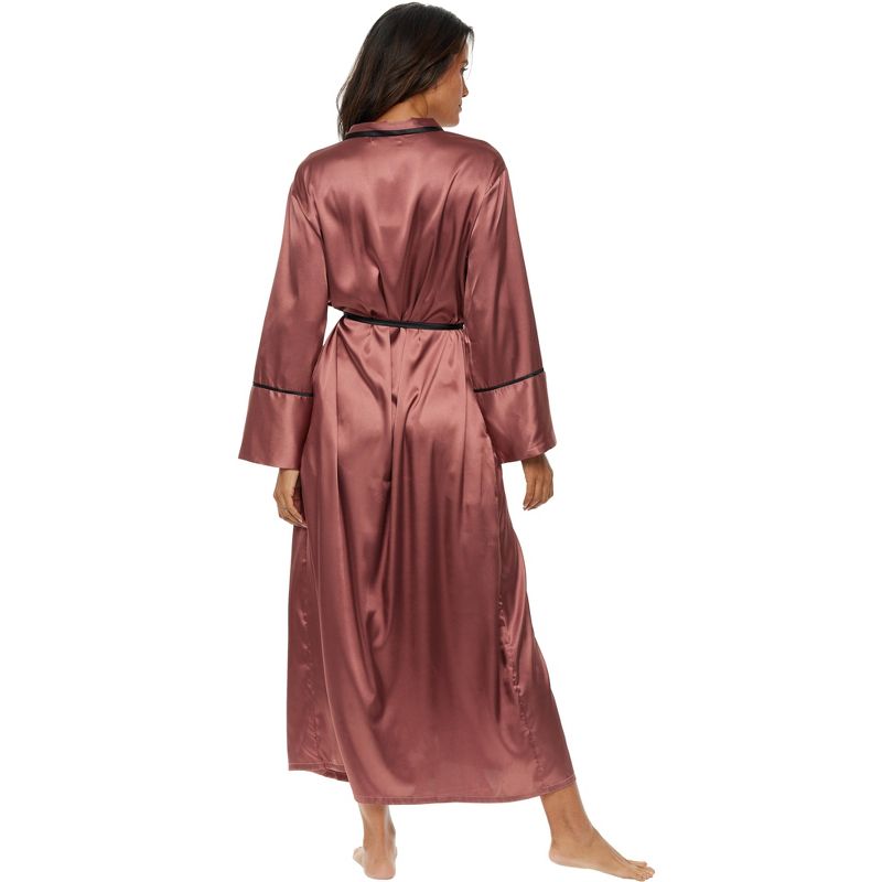 ADR Women's Long Satin Robe with Contrast Piping- Tie Belt, Pockets, Full Length, 2 of 7