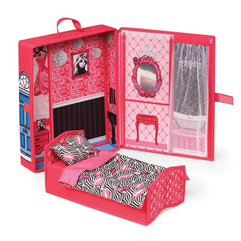 Home &#38; Go Dollhouse Playset Travel &#38; Storage Case with Bed/Bedding for 12&#34; Fashion Dolls - Pink, 1 of 8