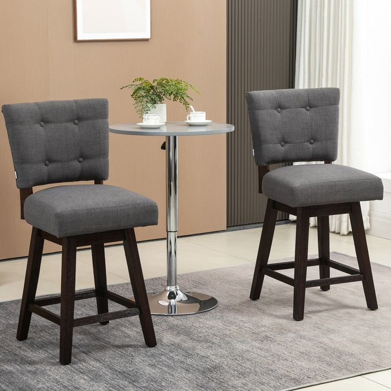 HOMCOM Swivel Bar Stools Set of 2, Fabric Tufted Counter Height Bar Stools with Rubber Wood Legs and Footrest for Dining Room, Kitchen, Pub, 2 of 7