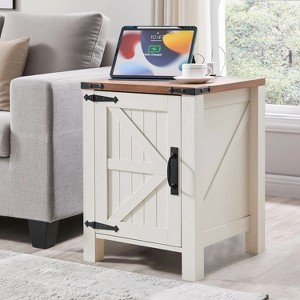 OKD Nightstand with Charging Station, Farmhouse End Table w/Barn Door - 1 of 4