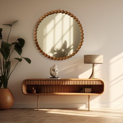 32" Round Wood Bead Wall Mirror – Natural