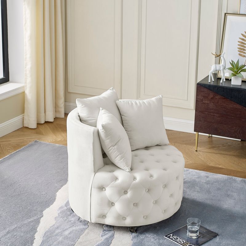 Button Tufted Living Room Upholstered Swivel Chair with Movable Wheels and 3 Pillows - ModernLuxe, 3 of 12