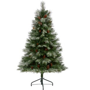 Nearly Natural 5-ft Snowed French Alps Mountain Pine Artificial Christmas Tree with 387 Bendable Branches and Pine Cones - 1 of 4
