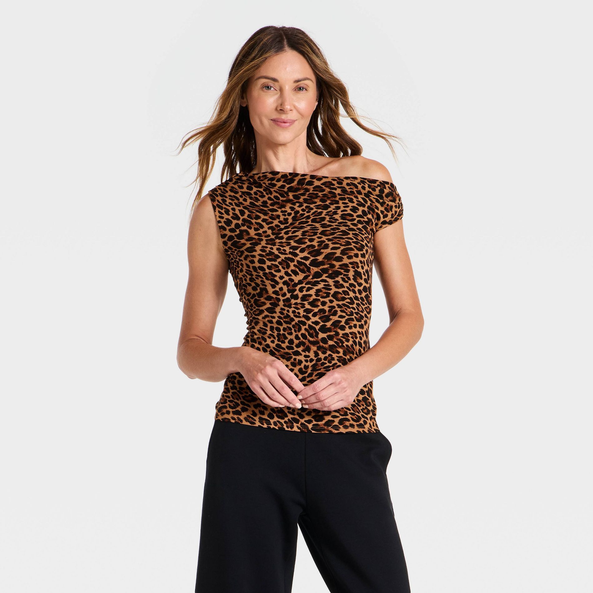 Women's Modern Jersey One Shoulder Ruched Top - A New Day™ Leopard XL