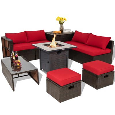 Tangkula 9 PCS Outdoor Patio Furniture Set w/ 30" Propane Fire Pit Table PE Wicker Space-Saving Sectional Sofa w/ Storage Box and Cushions Black/Gray/Navy/Red/Turquoise/Off White