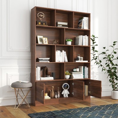 Lycvki 70.87" Tall Walnut Bookshelf with 10 Cubes and Cabinet