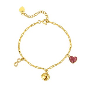 Guili 14K Yellow Gold Plated Adjustable Bracelet with Ruby & Cubic Zirconia Heart, Cowbell, and Infinity Dangle Charms – Stylish and Fun Design - 1 of 3