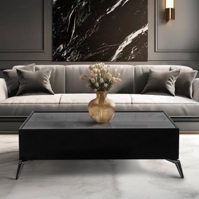 Black Rectangular Wood and Glass Coffee Table with Sleek Legs