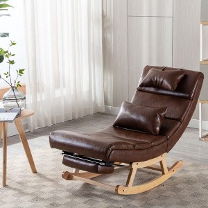 Solid Wood Ergonomic Rocking Chair, PU Accent Chair with Retractable Footrest - Maison Boucle - 1 of 4