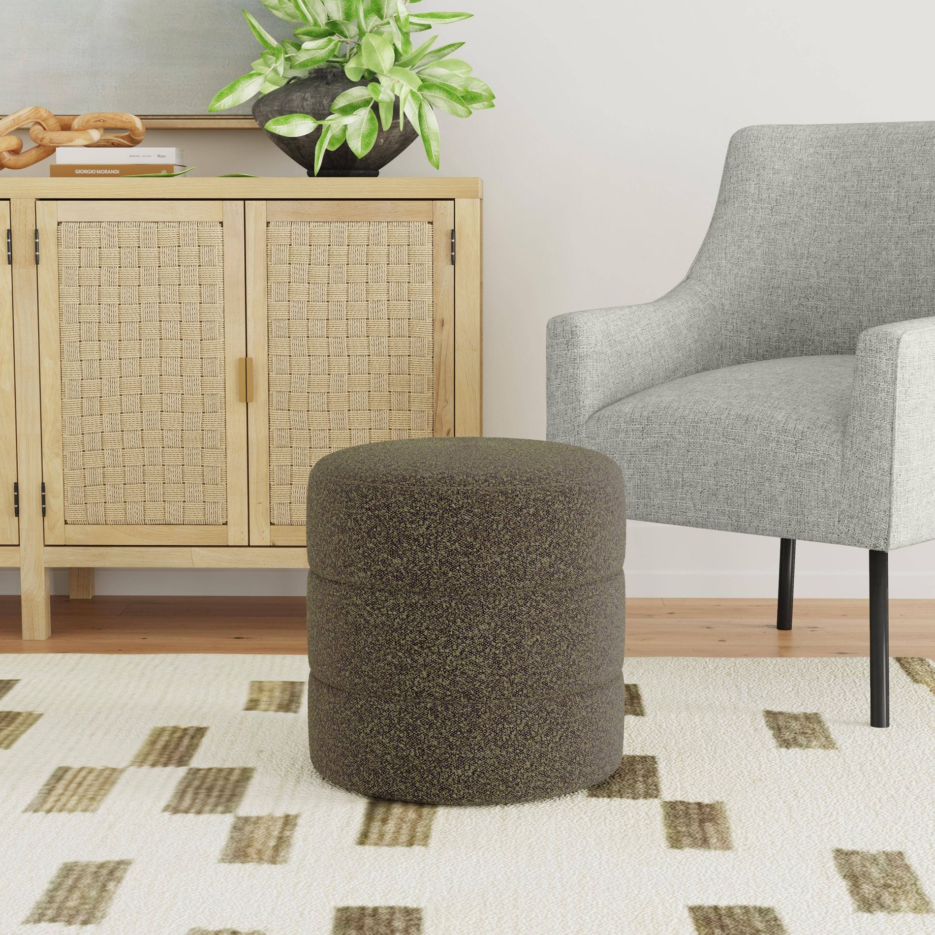 HomePop Round Upholstered Boucle Ottoman Dark Brown: Textured Seating, MDF & Plywood Frame, No Assembly Required