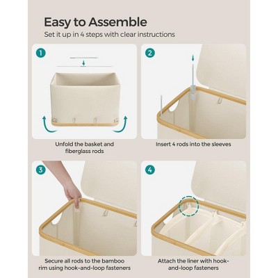 Cream White Collapsible 3-Section Laundry Hamper with Bamboo Lid