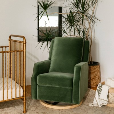 Forest Green Velvet Swivel Recliner with Light Wood Base