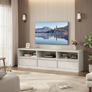 Mid Century Modern TV Stand for 65 70 75 Inch TVs, Industrial Entertainment Center with 3 Drawers & Open Shelves, Sturdy MDF for Living Room - 1 of 4