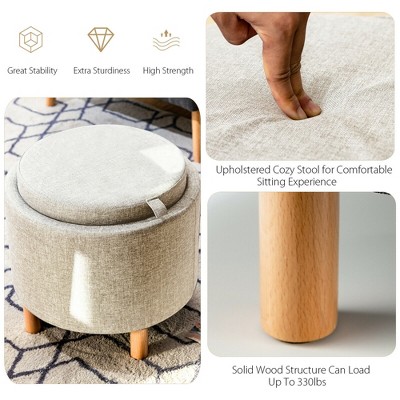 Beige Round Storage Ottoman with Tray and Wood Legs