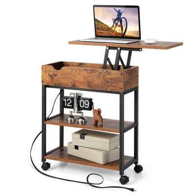 Tangkula Lift Top End Table w/ Charging Station Storage Shelves Wheels Mobile Bedside