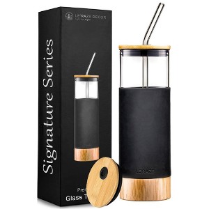 Le'raze 20oz Glass Water Bottle Tumbler Cup with Glass Straw, Bamboo Lid & Base + Protective Silicone Sleeve - BPA Free - Black - 1 of 4