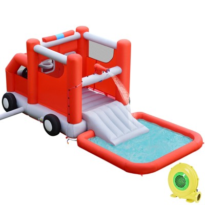 Costway Fire Truck Themed Inflatable Castle Water Park Kids Bounce House w/ 480W Blower