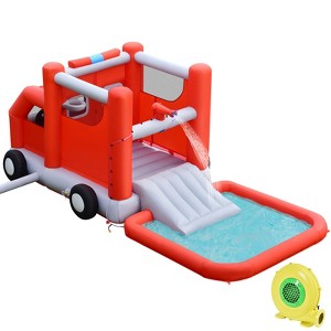 Costway Fire Truck Themed Inflatable Castle Water Park Kids Bounce House w/ 480W Blower - 1 of 4