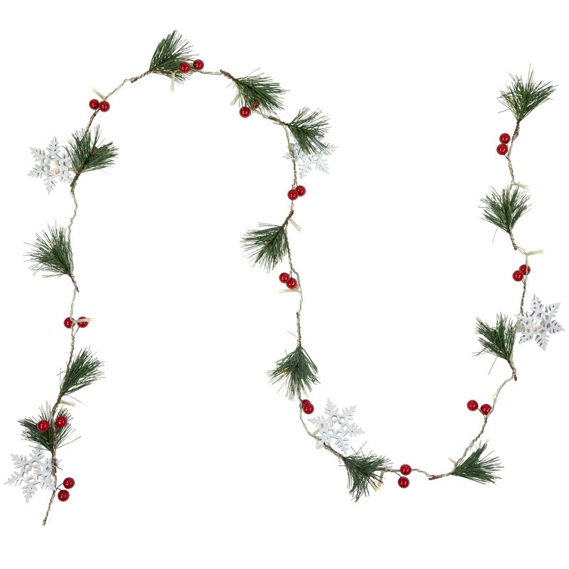 Northlight Pre-Lit B/O Pine, Berry and Snowflake Christmas Garland - 6' - Warm White LED Lights, 1 of 8