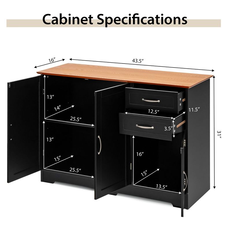 Costway Buffet Sideboard Kitchen Cupboard Storage Cabinet with  2 Drawers & 3 Doors, 3 of 11