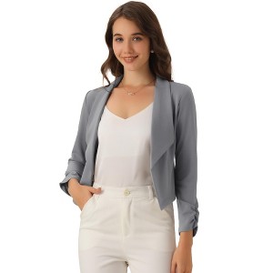 INSPIRE CHIC Women's Regular Fit Notched Lapel Ruched Sleeve Business Crop Blazer - 1 of 4