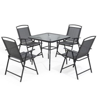 Pellebant Outdoor 5-piece Patio Dining Set Folding Chairs and Glass Table with Umbrella Hole