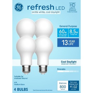 GE 4pk 60W Refresh A19 LED Light Bulbs Cool Daylight: Dimmable, 800 Lumens, Energy Star Certified, 13.7-Year Life - 1 of 4