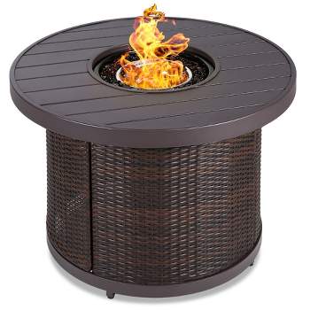 Best Choice Products 32in Round Fire Pit Table, 50,000 BTU Outdoor Wicker Patio Firepit w/ Cover, Tank Holder