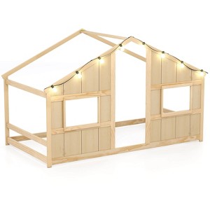 Costway Twin Size House Floor Bed with LED Lights Solid Wood Bed Frame without Slats Gray/Natural/White - 1 of 4