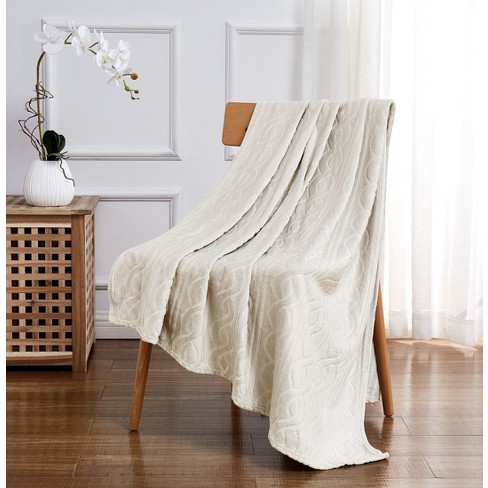 Kate Aurora Ultra Soft Plush Cable Geometric Designed Embossed Fleece Accent Throw Blanket Ivory