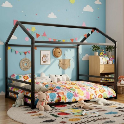 Polibi Montessori Metal House Floor Bed Frame with Fence