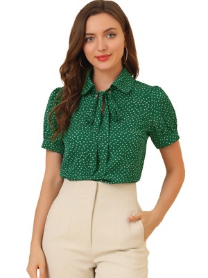 INSPIRE CHIC Women's Retro Dots Print Bow Tie Peter Pan Collar Chiffon Blouse