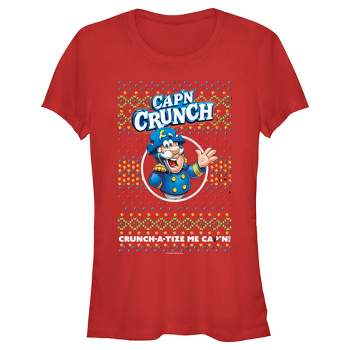 Juniors Womens Cap'n Crunch Christmas Sweater Print T-Shirt