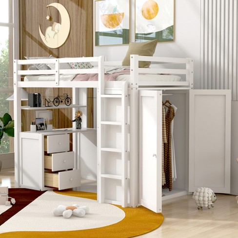 Twin Size Loft Bed with Built-in Desk, Storage Shelves and Drawers, White - ModernLuxe