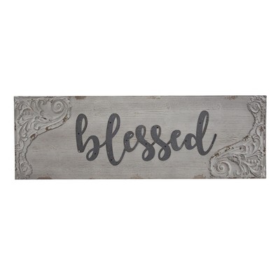 36" x 12" Blessed Wood and Metal Vintage Wall Plaque Sign White - American Art Decor