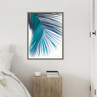 Retro Palm Leaf II Cool Aqua and Turquoise Canvas Art with Greywash Frame