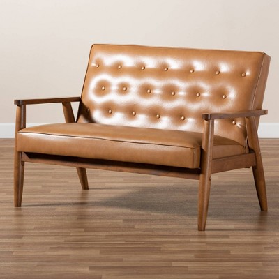 Tan Faux Leather Walnut Brown Wood Loveseat