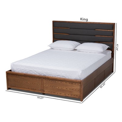 Elin Walnut King Storage Bed with Grey Upholstered Headboard