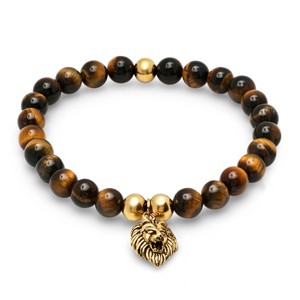 Steeltime Men's tiger eye beaded bracelet with 18k gold plated stainless steel lion. Color Options: Silver, Gold - 1 of 4