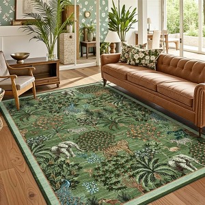 Washable Floral Animal Jungle Rug Non Slip Low Pile Rug Soft Throw Floor Cover Foldable Indoor Carpet for Living Room Bedroom Playroom Nursery - 1 of 4