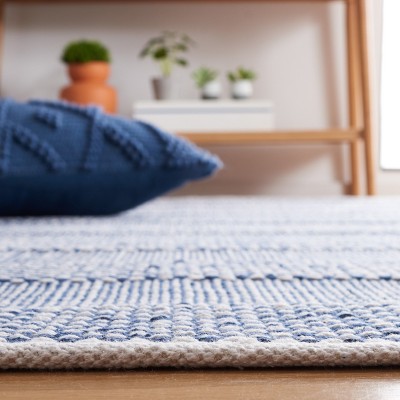 Ivory and Blue Striped 4' x 6' Wool Cotton Area Rug