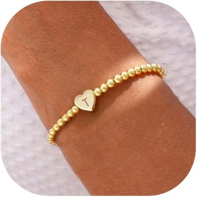 Beaded Bracelets for Women Dainty Heart Initial Bracelet Letter A-Z Charm Bracelet for Women Stretch