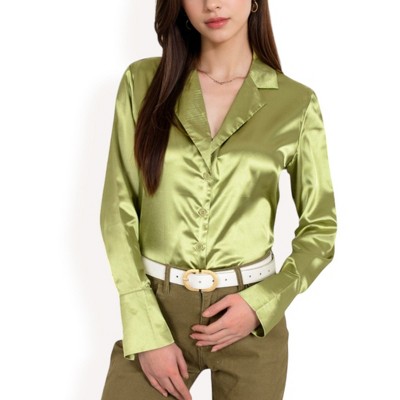 Anna-Kaci Women's Satin Button-Up Shirt with Collar and Flared Cuffs