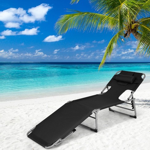 Costway Outdoor Beach Lounge Chair Folding Chaise Lounge with Pillow Black