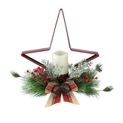 Gerson 15" Pine Needle, Berry and Jingle Bell Star Shaped Candle Holder - Red