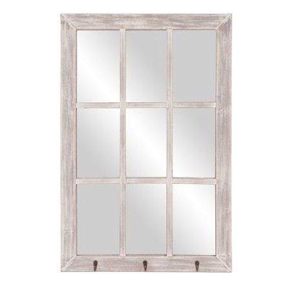 24"x36" Distressed Windowpane Wall Mirror with Hooks White - Patton Wall Decor