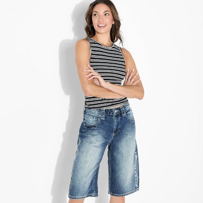 Women's Embellished Skater Mid-Rise Denim Shorts - Wild Fable™ Blue Denim